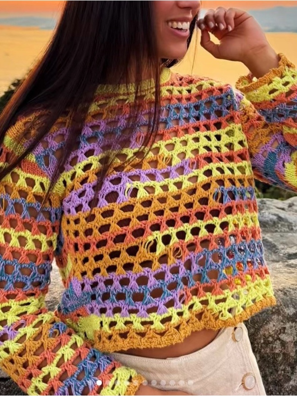 Zara Multicolor Crochet Openwork Crewneck Sweater kids 9/10 layering festival